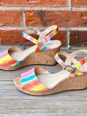 Alex Marie Rainbow Stripe Cushioned Cork Wedge Sandals 7M